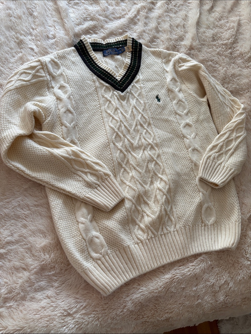 Polo by Ralph Lauren Cream Cable-Knit V-Neck Sweater